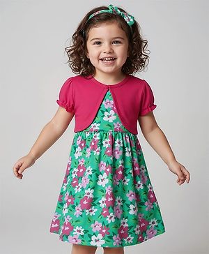 Babyhug Single Jersey Knit Frock & Half Sleeves Shrug With Floral Print & Headband - Green & Pink