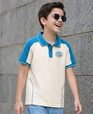 Pine Kids Cotton Knit Polo T-Shirt With I Want To Belive Text Print - Blue & White