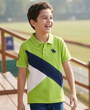Pine Kids Cotton Knit Half Sleeves Textured Polo T-Shirt with Brand Logo - Neon Green