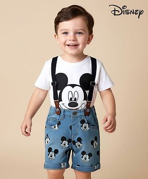 Babyhug Disney Single Jersey Knit Half Sleeves T-Shirt & Short Set With Suspender & Mickey Mouse Graphics - White & Blue