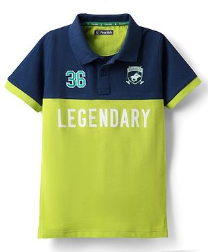 Pine Kids Cotton Knit Half Sleeves Cut & Sew Polo T-Shirt with Legendary Text Print - Neon Green & Navy Blue