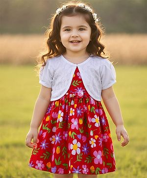 Babyhug Single Jersey Knit Frock With Half Sleeves Shrug & Floral Print - Red