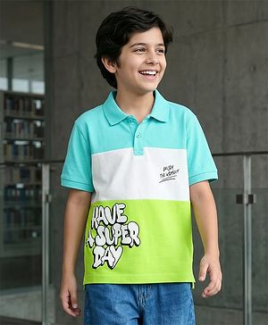 Pine Kids Cotton Knit Half Sleeves Cut & Sew Polo T-Shirt with Text Print - Light Green White & Aqua Blue