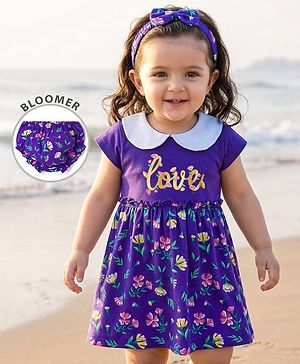 Babyhug Single Jersey Knit Half  Sleeves Frock with Floral Print Headband & Bloomer - Purple