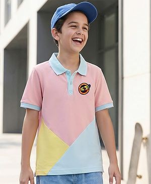Pine Kids Cotton Knit Half Sleeves Cut & Sew Polo T-Shirt with Badge - Pink & Yellow