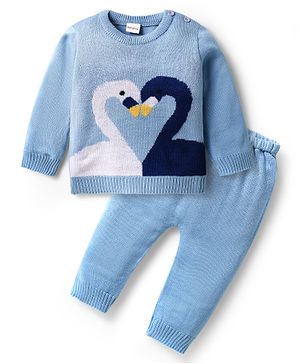 Babyhug Knitted Full Sleeves Sweater Set With Swan Design - Light Blue