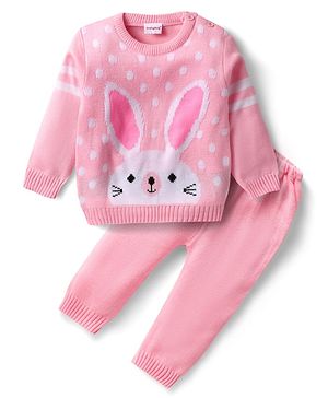 Babyhug Knitted Full Sleeves Sweater Set with Bunny Design - Pink