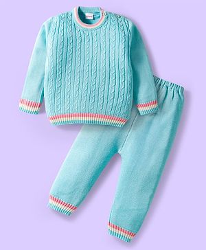 Babyhug Knit Full Sleeves Sweater Set with Cable Knit Design - Light Blue