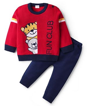 Babyhug Knit Full Sleeves Pullover Sweater Set with Animal Design - Red