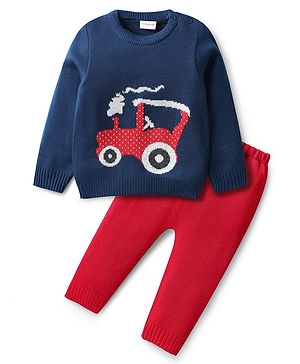 Babyhug Knit Full Sleeves Sweater Set with Tractor Design - Navy Blue