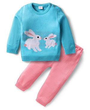 Babyhug Knitted Full Sleeves Sweater Set with Bunny Design - Pink & Light Blue