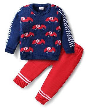 Babyhug Knitted Full Sleeves Sweater Set with Car Design - Navy Blue & Red