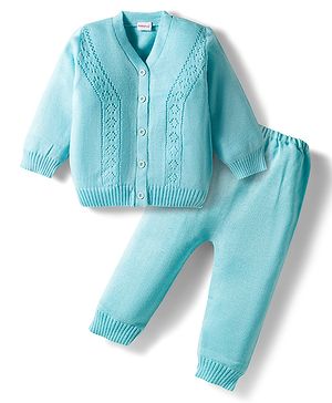 Babyhug Knitted Full Sleeves Solid Sweater Set - Light Blue