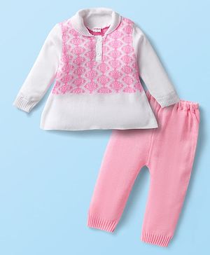 Babyhug Knitted Full Sleeves Collared Sweater Set with Design - Pink