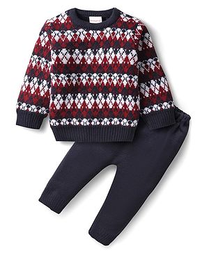Babyhug Knitted Full Sleeves Sweater Set With Chevron Design - Navy Blue