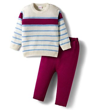 Babyhug Knitted Full Sleeves Striped Sweater Set - Wine & White