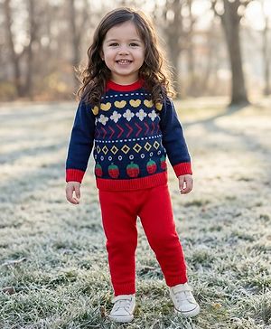 Babyhug Knit Full Sleeves Pullover Sweater Set With Floral Design - Red