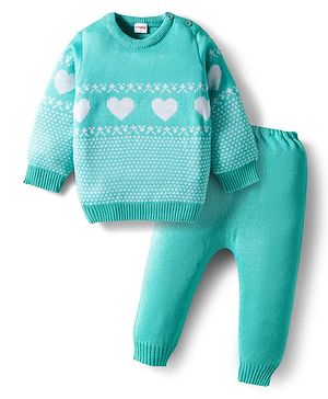 Babyhug Knit Full Sleeves Pullover Sweater Set with Heart Design - Aqua Blue