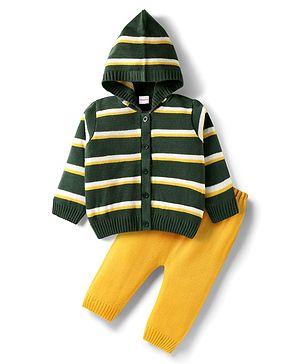 Babyhug Knit Full Sleeves Hooded Sweater Set with Stripes - Dark Green & Yellow