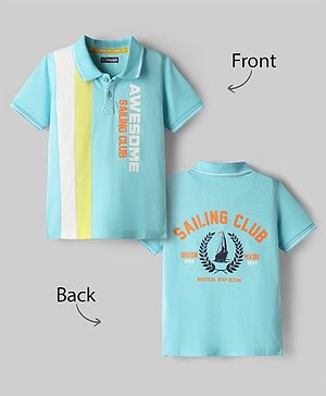 Pine Kids Cotton Knit Half Sleeves Polo T-Shirt with Front & Back Sailing Club Print - Light Blue