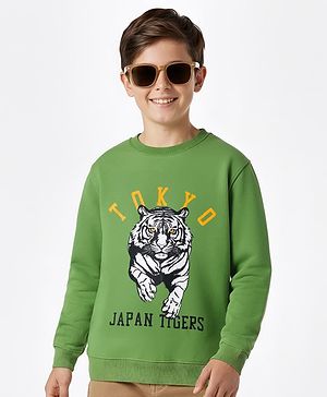 Pine Kids Knit Full Sleeves Pullover Sweatshirt with Tiger Print - Green