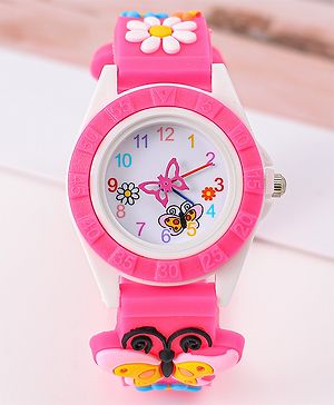 Babyhug Analog Watch with Floral & Butterfly Design - Fuchsia