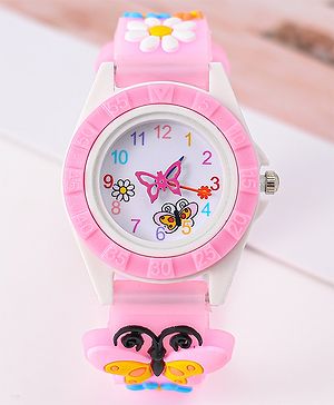 Babyhug Analog Watch with Floral & Butterfly Design - Pink