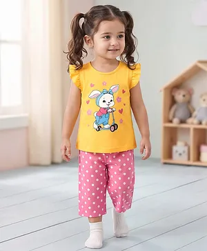 Babyhug Cotton Knit Frill Sleeves
                              Half Capri Night Suit with Bunny &
                              Polka Dots Print - Yellow & Pink