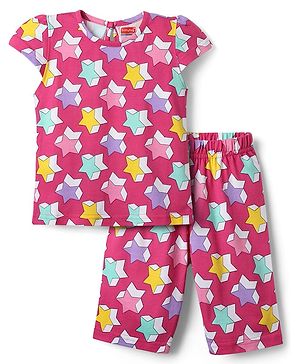 Babyhug Cotton Knit Cap Sleeves Capri Night Suit With Stars Print - Pink