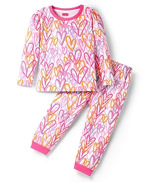 Babyhug Cotton Knit Full sleeves Co-ords Night Suit With Heart Print - Pink