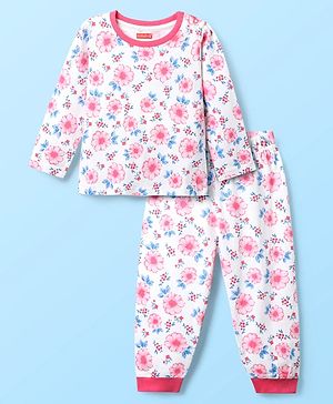 Babyhug Cotton Knit Full Length Co-ords Night Suit With Floral Print - White & Pink