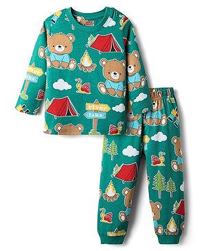 Babyhug Cotton Knit Full Sleeves Co-ords Night Suit With Bear Print - Green