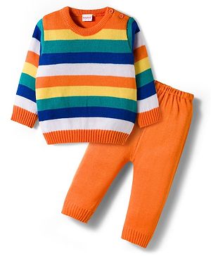 Babyhug Knit Full Sleeves Sweater Set With Stripes - Multicolour