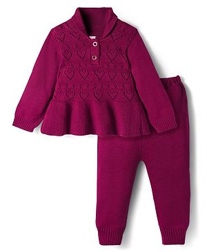 Babyhug Knit Full Sleeves Sweater Set With Heart Design - Wine