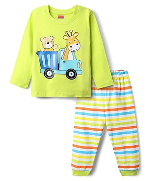 Babyhug Cotton Knit Full Sleeves Night Suit With Animal Print - Green