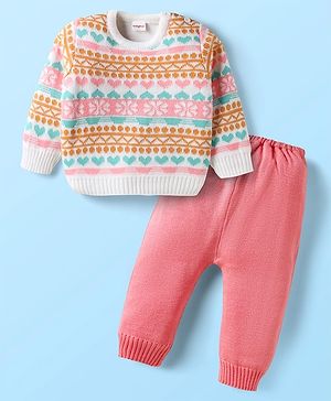 Babyhug Knit Full Sleeves Pullover Sweater Set with Floral Design - Pink