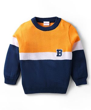 Babyhug Knitted Full Sleeves Color Block Pullover with Patch Detailing -Yellow & Navy Blue