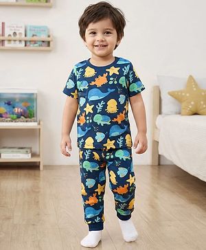 Babyhug Cotton Knit Half Sleeves Co-rds Night Suit With Fish Print - Navy Blue