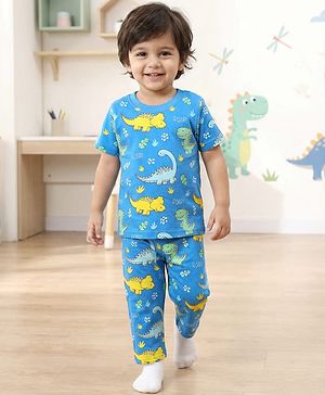 Babyhug Cotton Knit Half Sleeves Co-ords Night Suit with Dino Print - Blue