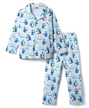 Babyhug Cotton Knit Full Sleeves Co-ord Night Suit with Penguin Print - Light Blue
