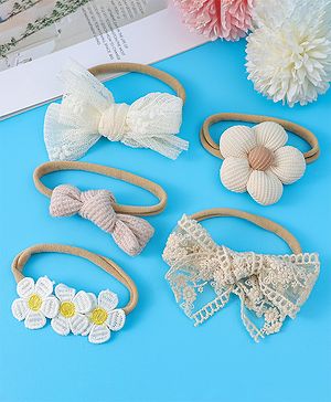 Babyhug Headbands With Bow & Floral Appliques Pack of 5 - Beige White & Plum