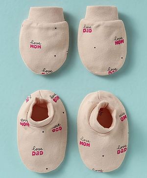 Simply Cotton Interlock Knit Mitten & Booties Set with Love Mom Print - Beige