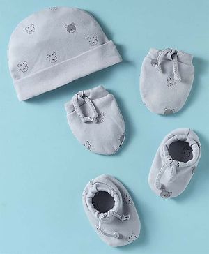 Simply Interlock Knit Caps Mitten & Booties Set With Tiger Print Grey - Diameter 11.5 cm