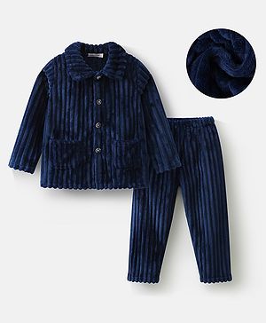Mark & Mia Full Sleeves Front Open Co-ords Winter Wear Night Suit - Navy Blue