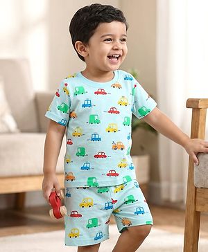 Babyhug Cotton Knit Half Sleeves Co-ords Shorts Night Suit With Vehicle Print - Light Blue