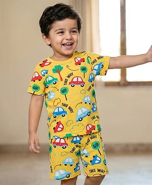 Babyhug Cotton Knit Half Sleeves Co-ords Shorts Night Suit With Vehicle Print - Yellow