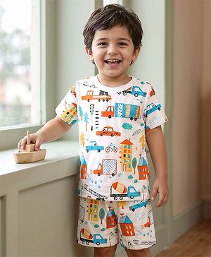 Babyhug Cotton Knit Half Sleeves Co-ords Shorts Night Suit With Vehicle Print - White