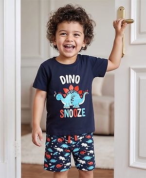 Babyhug Cotton Knit Half Sleeves Shorts Night Suit With Dino Print - Navy Blue