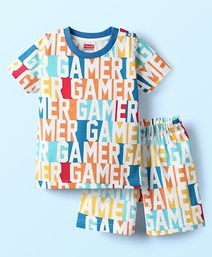 Babyhug Cotton Knit Half Sleeves Co-ords Shorts Night Suit With Gamer Text Print - Multicolor