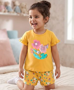 Babyhug Cotton Knit Half Sleeves  Shorts Night Suit With Floral Print - Yellow
